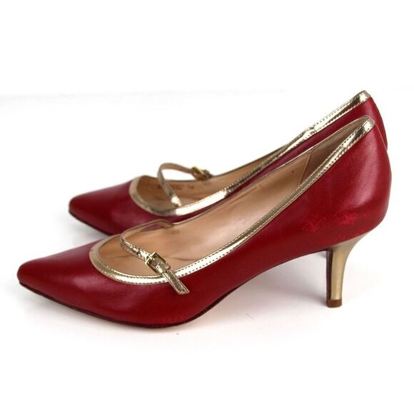 Cole Haan RED GENUINE LEATHER GOLD TRIM MID HEEL CLASSIC PUMP SHOES Sz 7.5 B - Picture 3 of 12